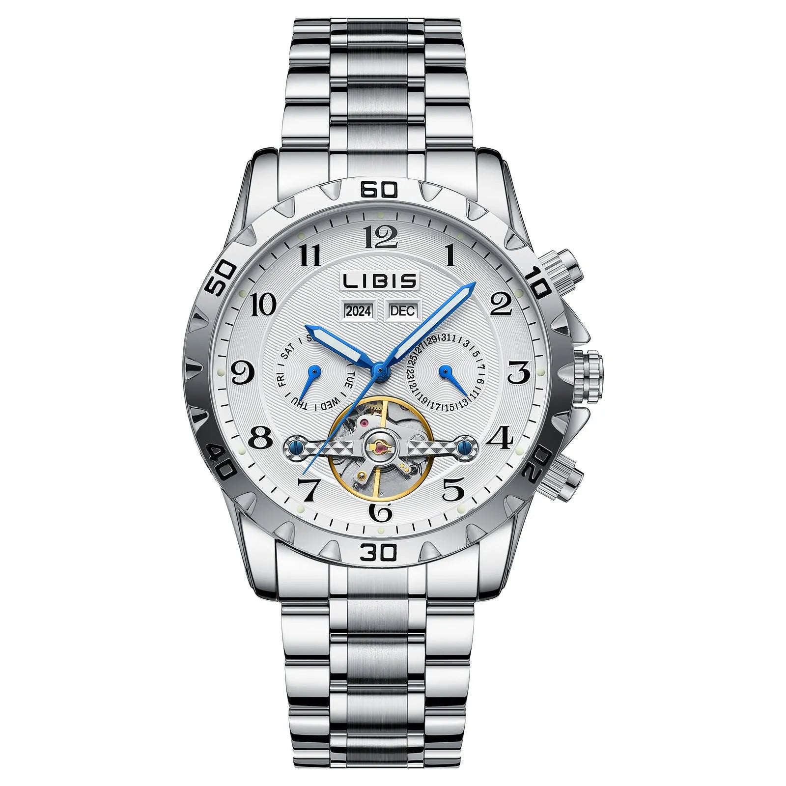 Men's silver stainless steel automatic perpetual calendar mechanical watch on wrist.