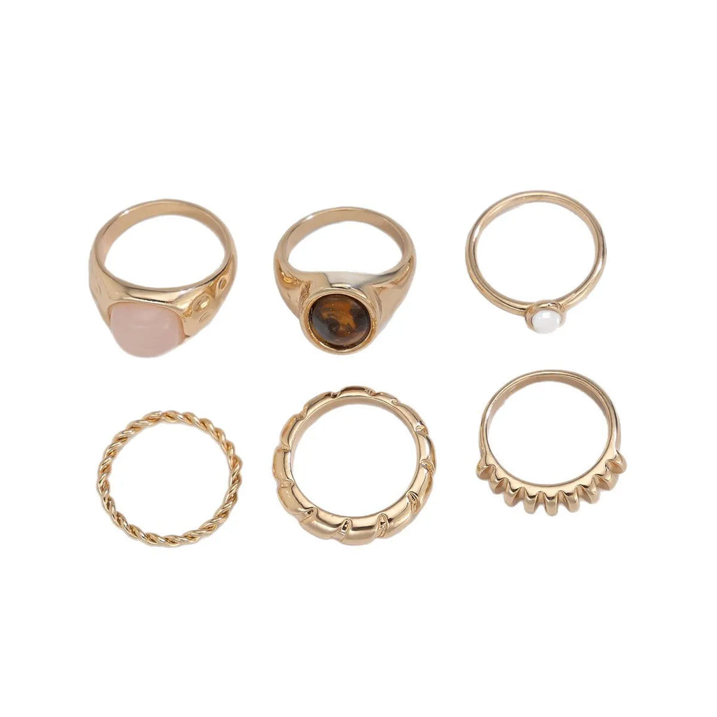 Light gold geometric ring set with six irregular alloy rings electroplated finish