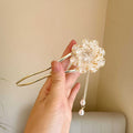 Purple and white peony flower U-shaped hairpin with tassel design on alloy barrette