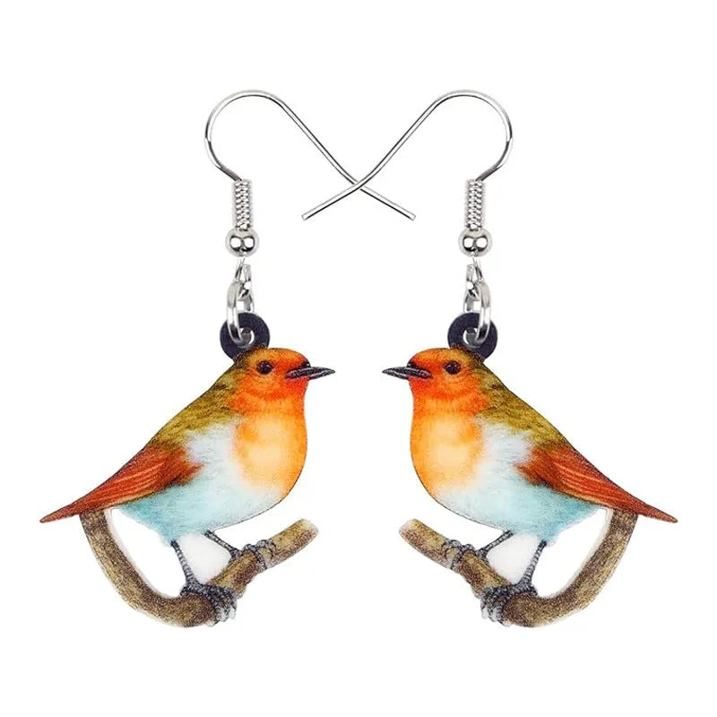 Blue titmouse pendant earrings with snake motifs on acrylic material