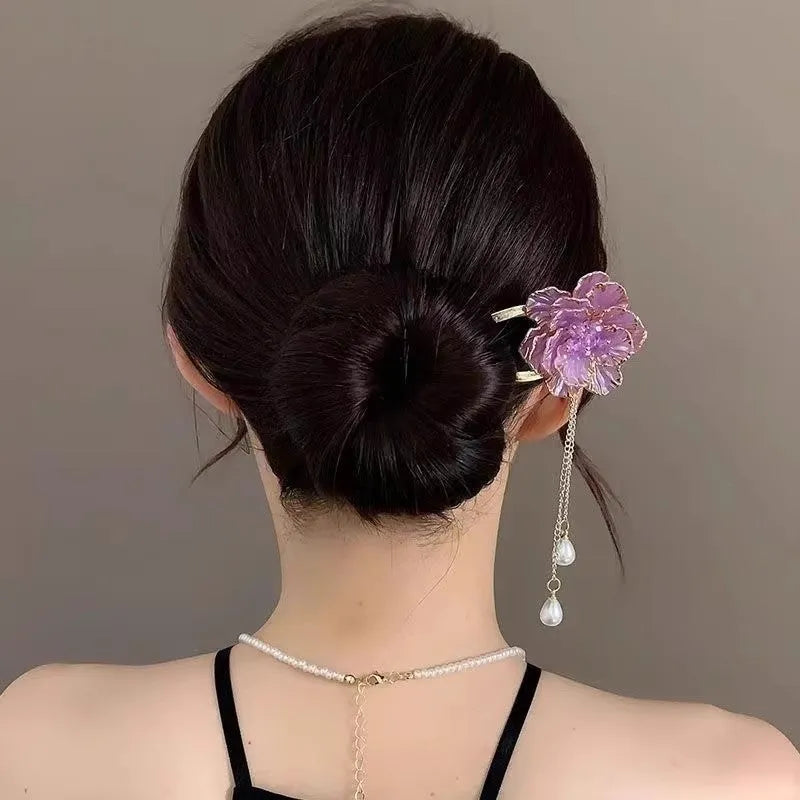 Purple and white peony flower U-shaped hairpin with tassel design on alloy barrette