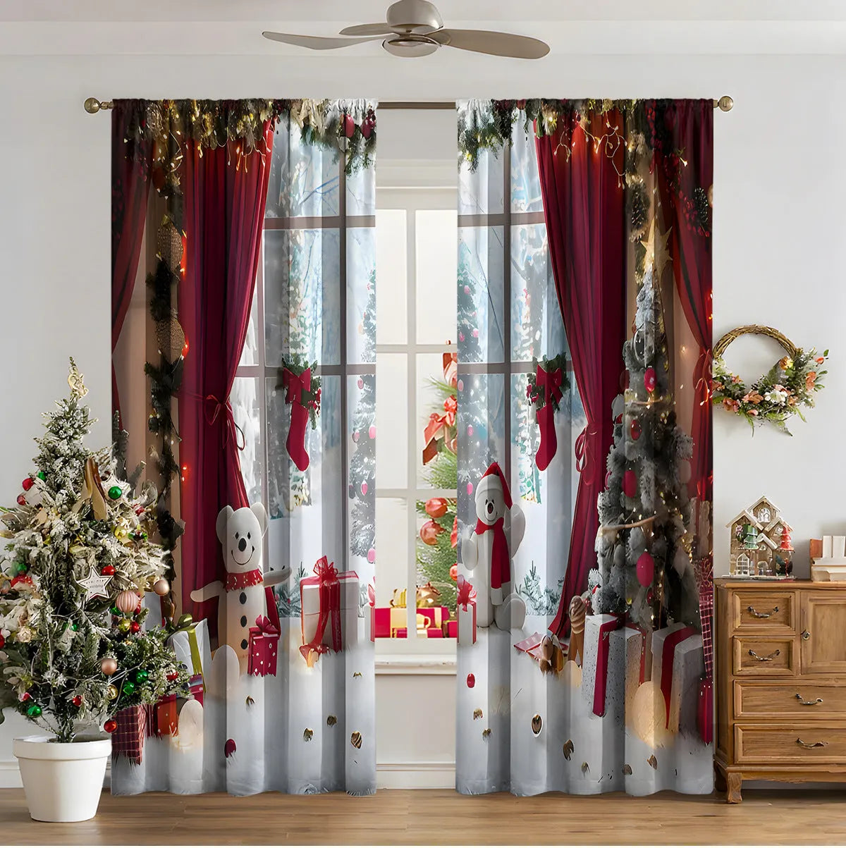 3D digital printed Christmas curtains in polyester fabric with festive patterns