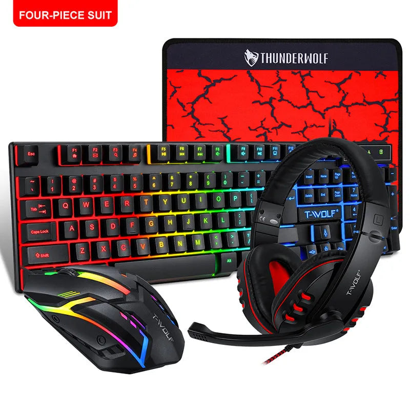 Thunder Wolf T800 and Spirit Snake wired gaming keyboard, mouse, headset, and mouse mat four-piece sets on a desk
