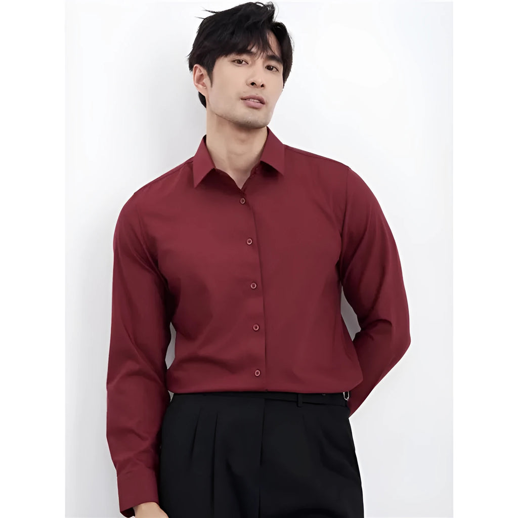 Men's wine red slim fit casual cardigan shirt with non-ironing treatment and long sleeves
