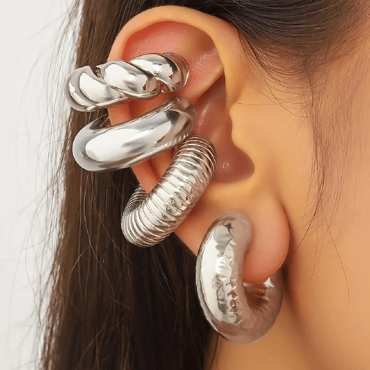 Geometric gold and silver clip-on earrings set with four pieces, exaggerated ins style design