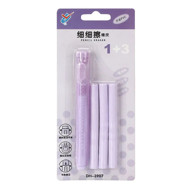 Push type traceless automatic eraser for children in blue, green, pink, purple colours