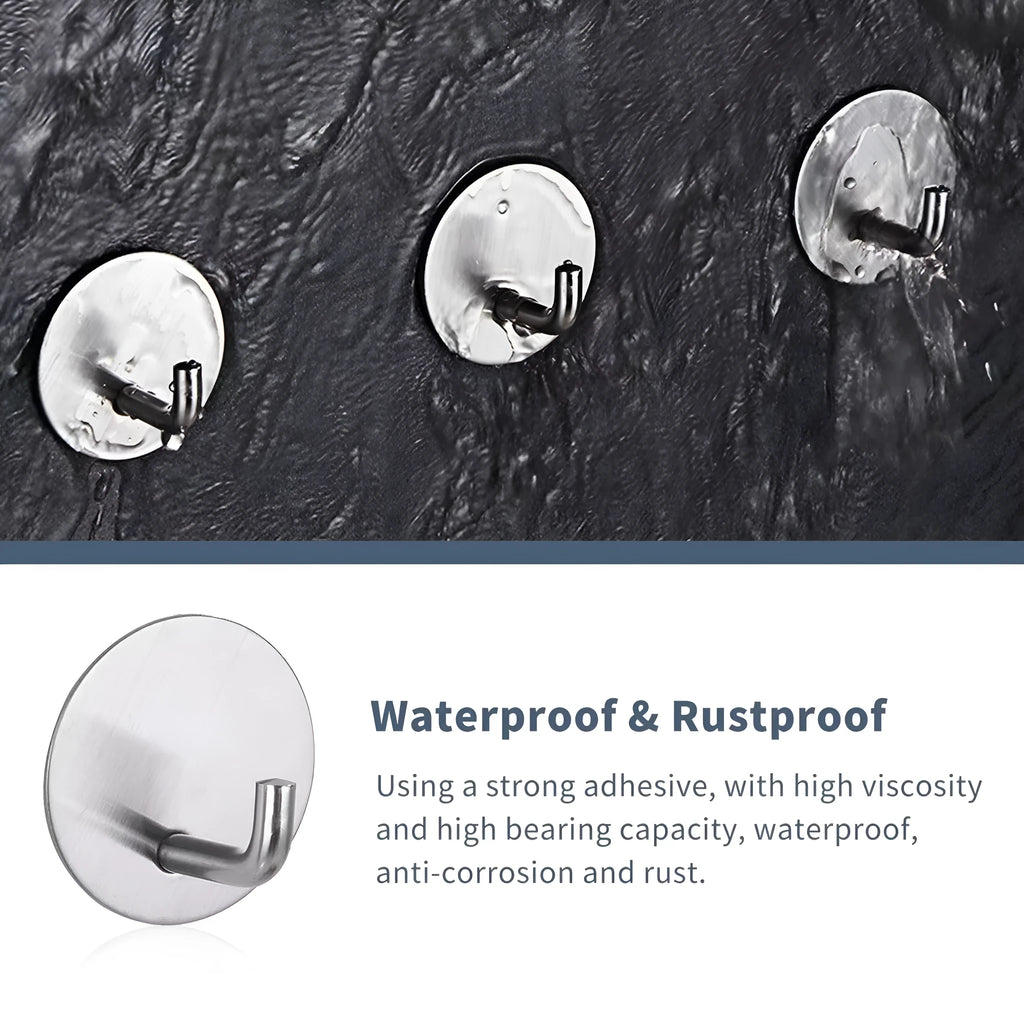 Two stainless steel self-adhesive wall hooks, one black and one polished, on a white background.