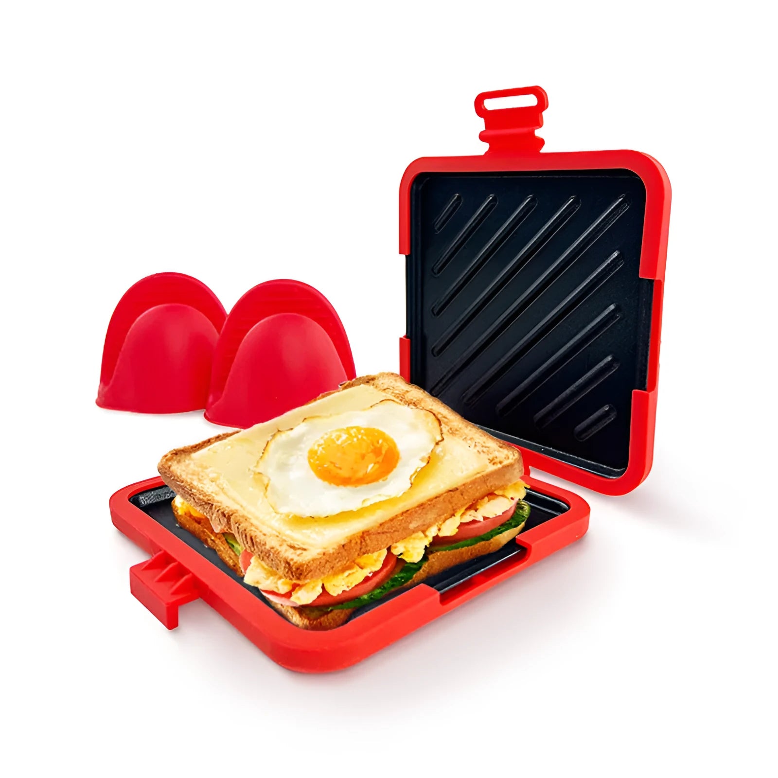 Red silicone baking tray with matching heat-resistant gloves in American style colour box