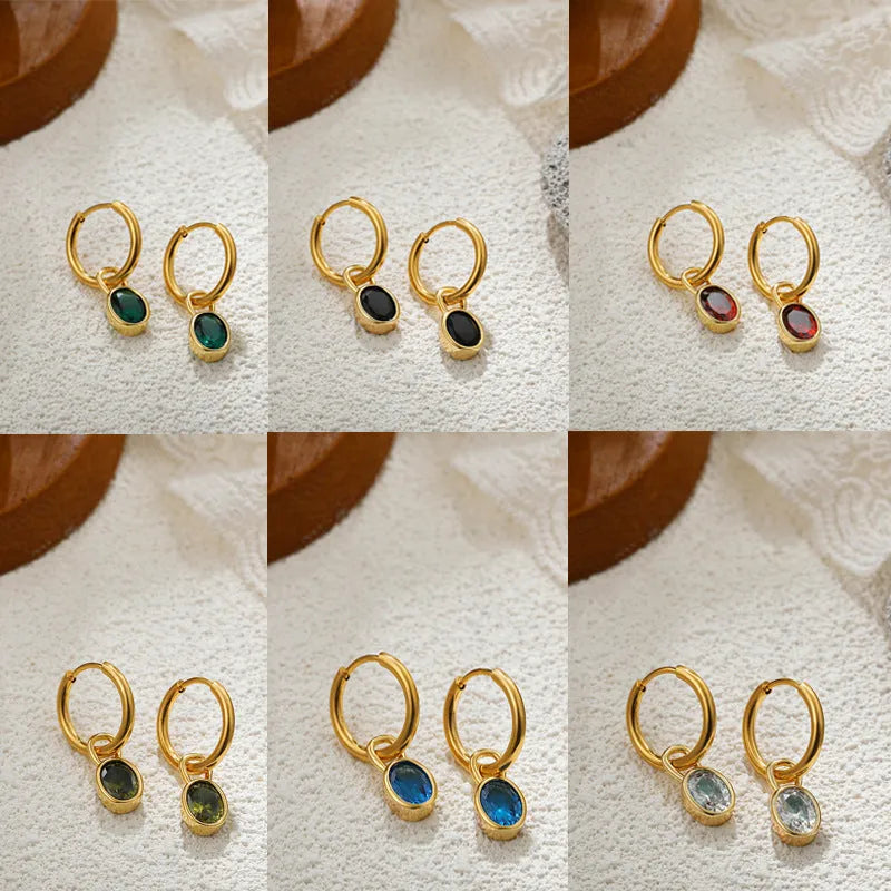 Women's retro simple oval zircon earrings in copper, shown in one of six available colours.