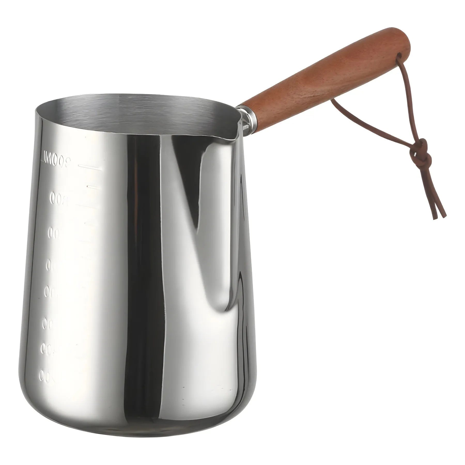 Stainless steel barista milk jug with measurement scale and wooden handle shown in 350ml, 600ml, and 1000ml sizes.