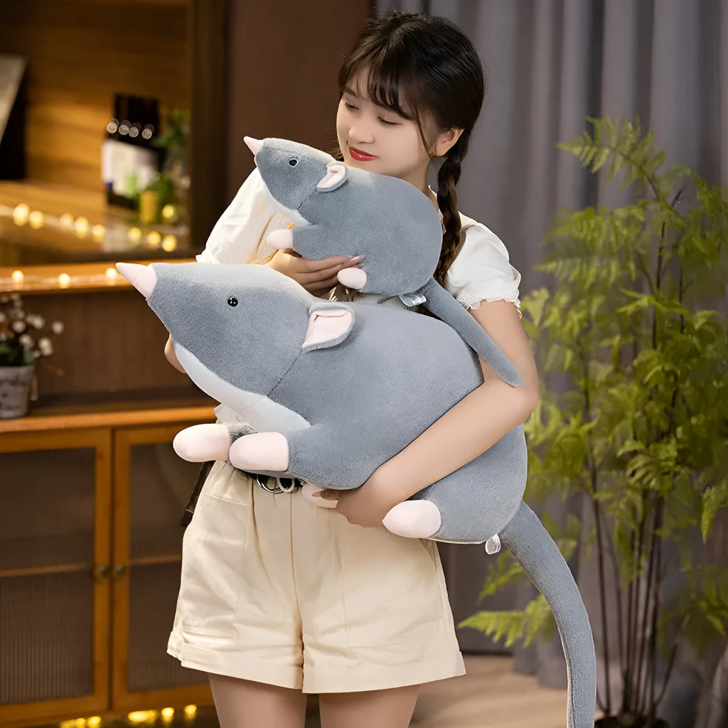 Cartoon mouse plush toy in three sizes: small 32cm, medium 50cm, and large 100cm.