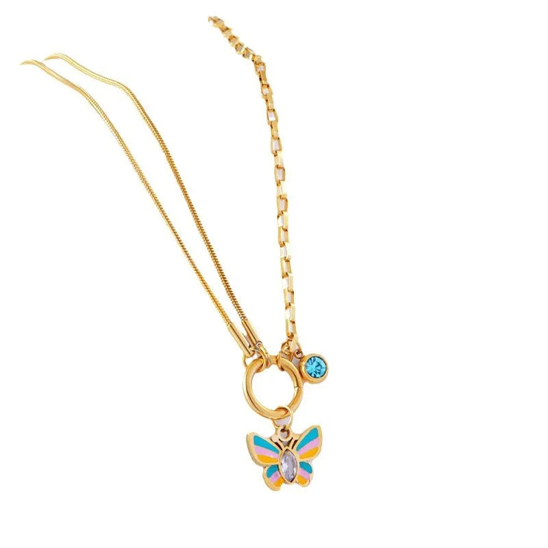 Gold titanium steel butterfly necklace and bracelet set with snake bone chain