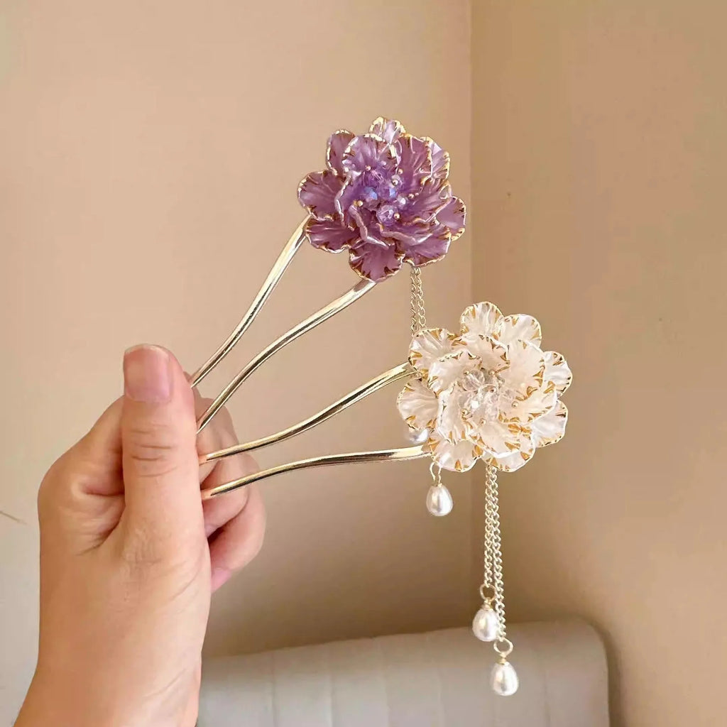Purple and white peony flower U-shaped hairpin with tassel design on alloy barrette