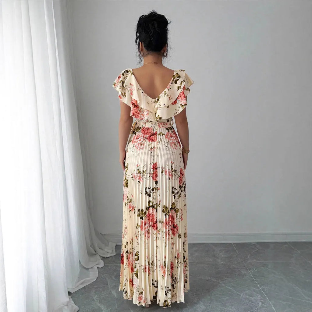 Apricot floral print dress with V-neck, ruffled sleeves and oversized swing skirt