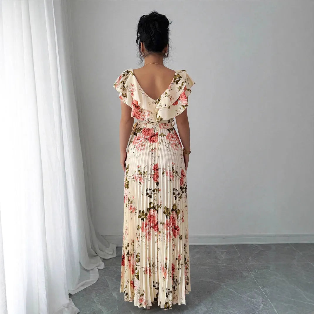 Apricot floral print dress with V-neck, ruffled sleeves and oversized swing skirt