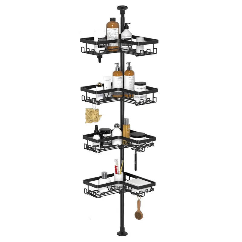 Retractable four-layer bathroom storage rack with stainless steel construction and hole-free installation system