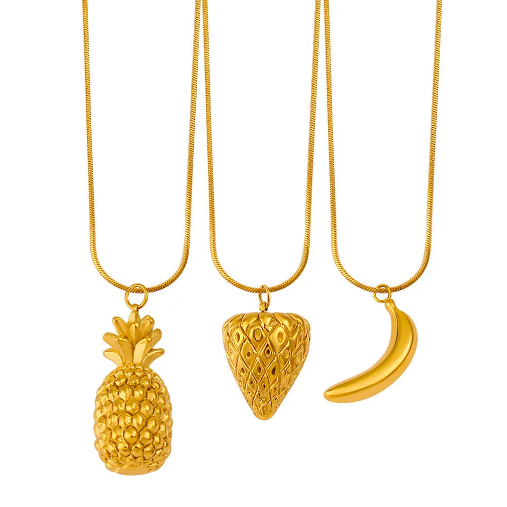 Women's stainless steel fruit necklace with apple, grape, watermelon, pineapple, strawberry, banana pendant designs on regular chain.