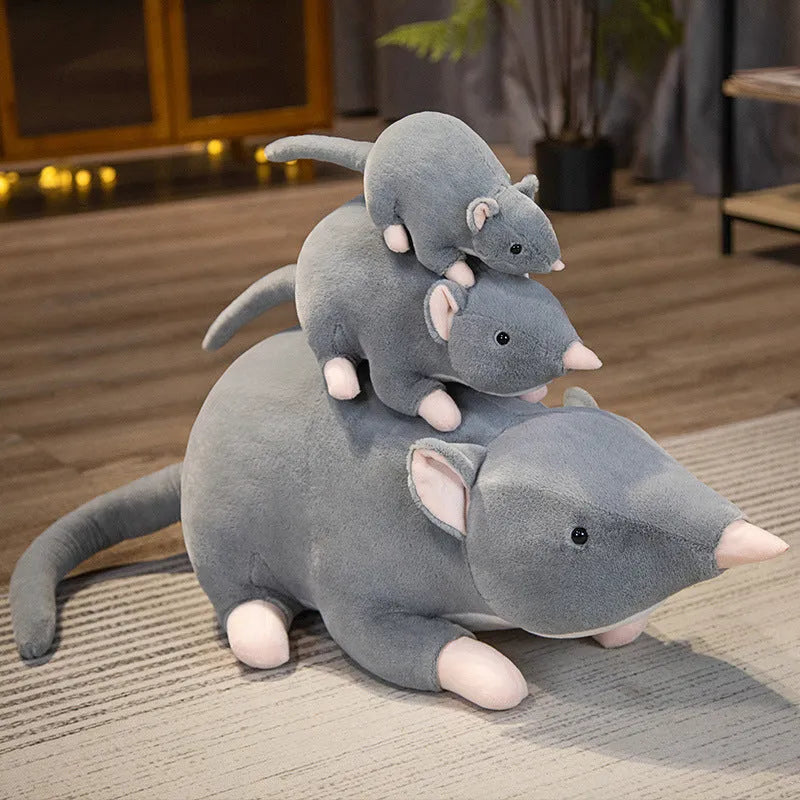 Cartoon mouse plush toy in three sizes: small 32cm, medium 50cm, and large 100cm.