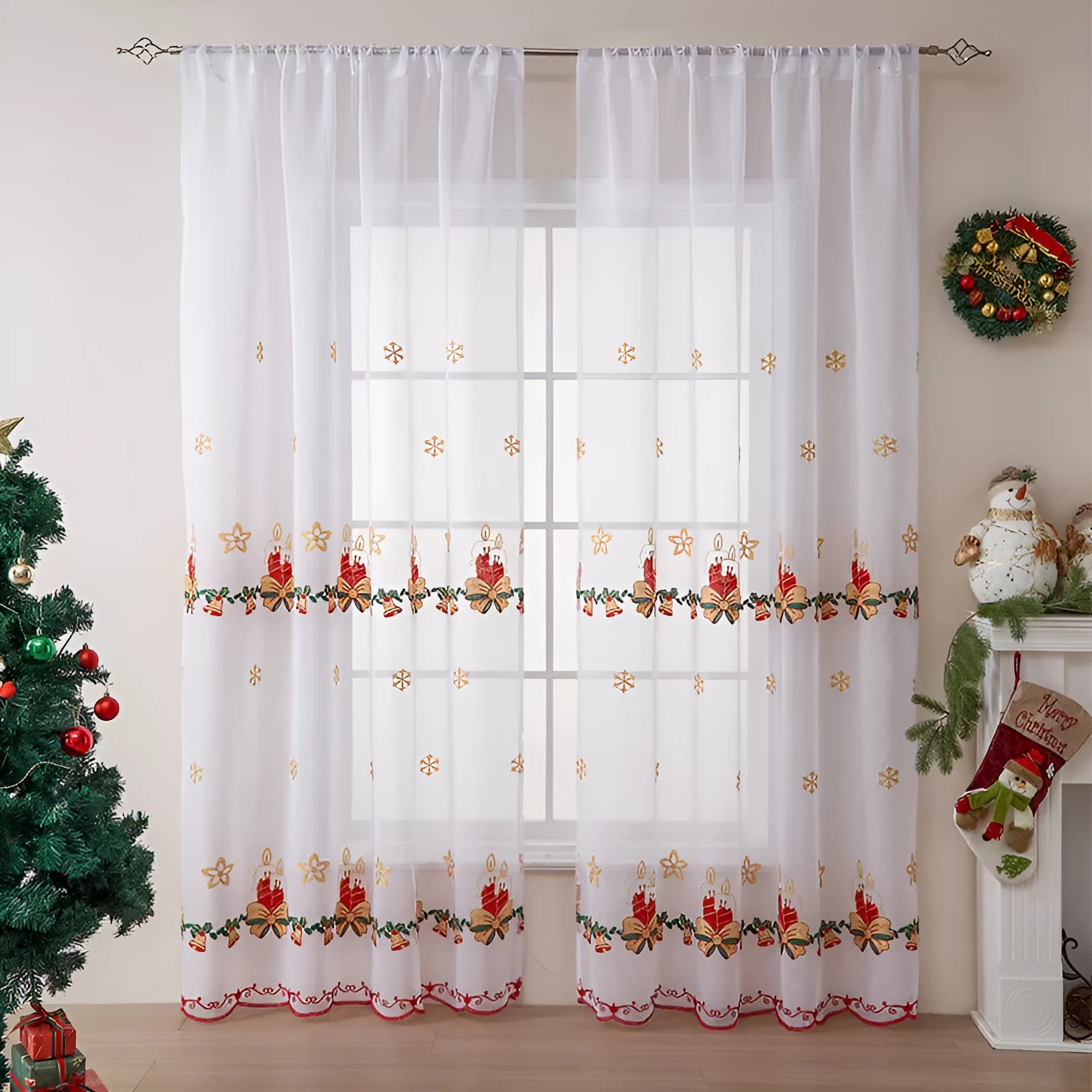 Christmas curtains with white snowflake embroidery on red polyester fabric hanging in window