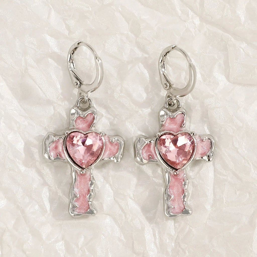 Women's classic cross crystal earrings in five colour options with dripping oil treatment finish