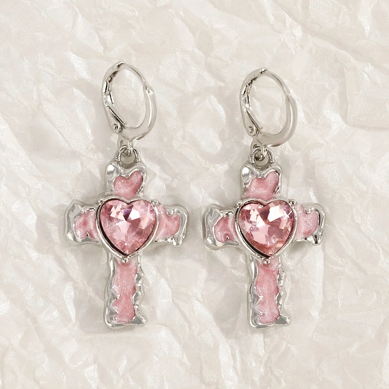 Women's classic cross crystal earrings in five colour options with dripping oil treatment finish