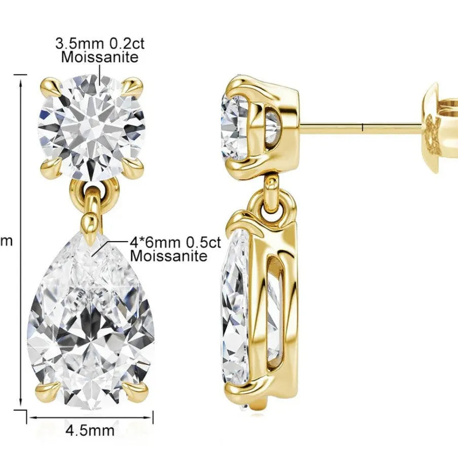 Sterling silver water drop moissanite stud earrings with geometric design in gold or silver colour