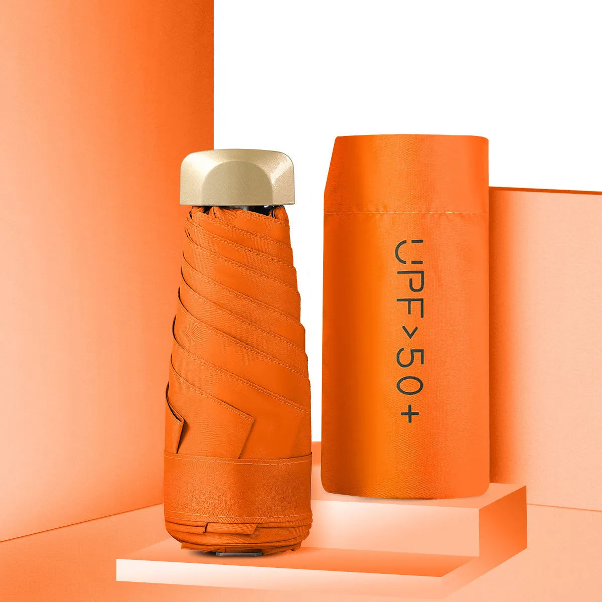 Five-fold mini pocket sun umbrella with rubber handle shown in open position