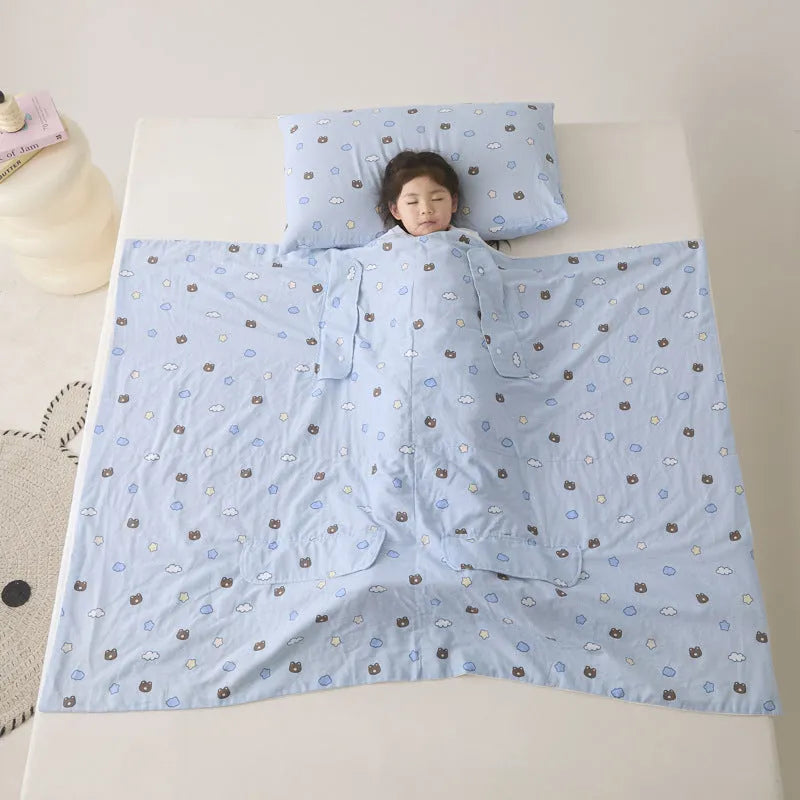 Anti-kick summer blanket in a themed colour like Cloud Bear Star Dream, shown with a matching pillowcase.