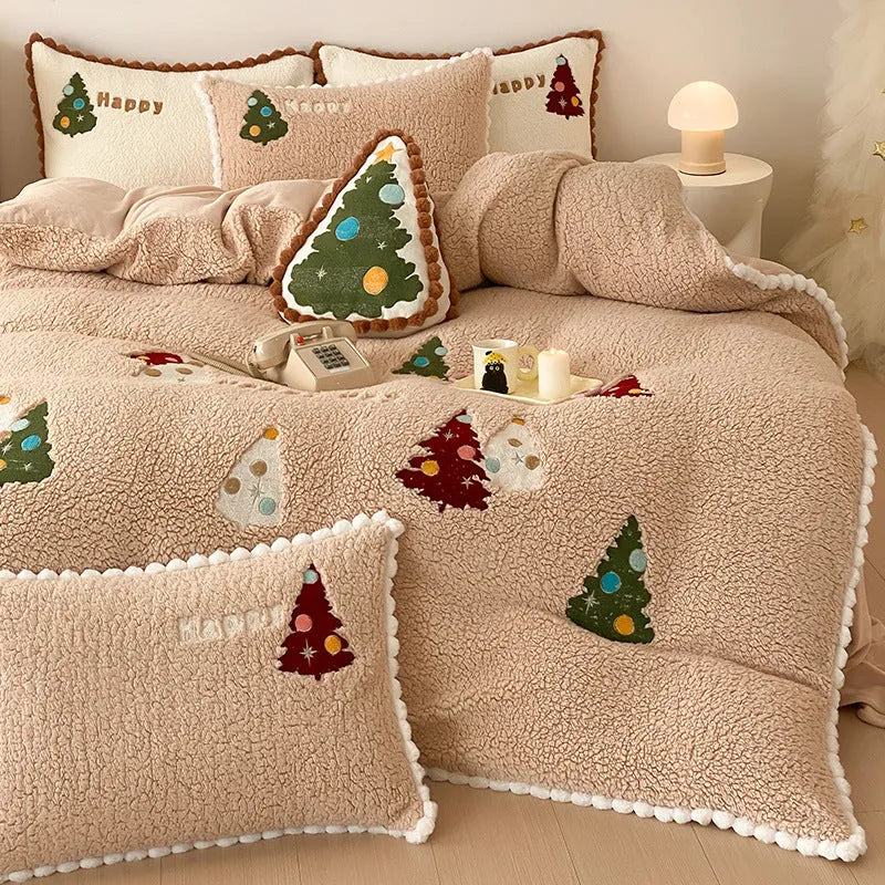 Bright yellow Christmas tree bedding set with fleece lining for winter warmth