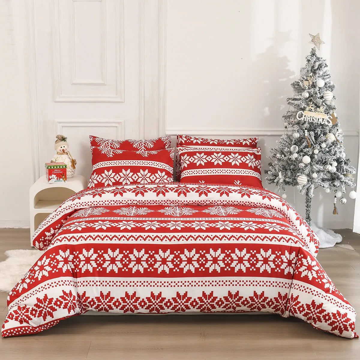 Winter Sleepers red Christmas pattern bedding three-piece set with quilt cover and pillowcases