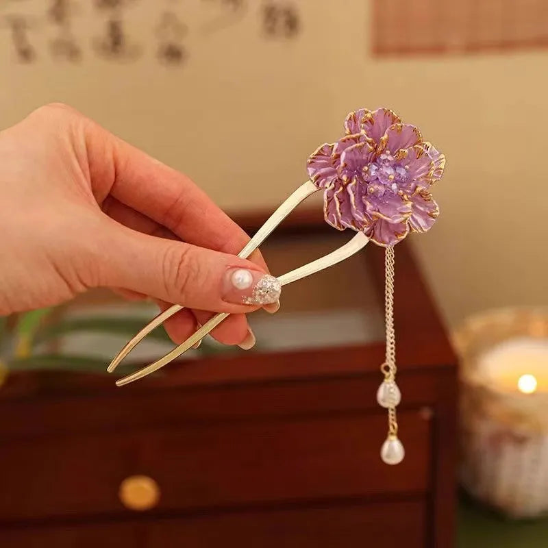 Purple and white peony flower U-shaped hairpin with tassel design on alloy barrette