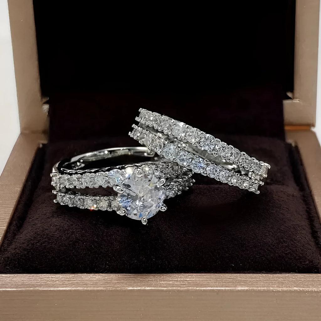 Women's 2-in-1 fully jewelled ring set in geometric round design with diamond treatment on alloy