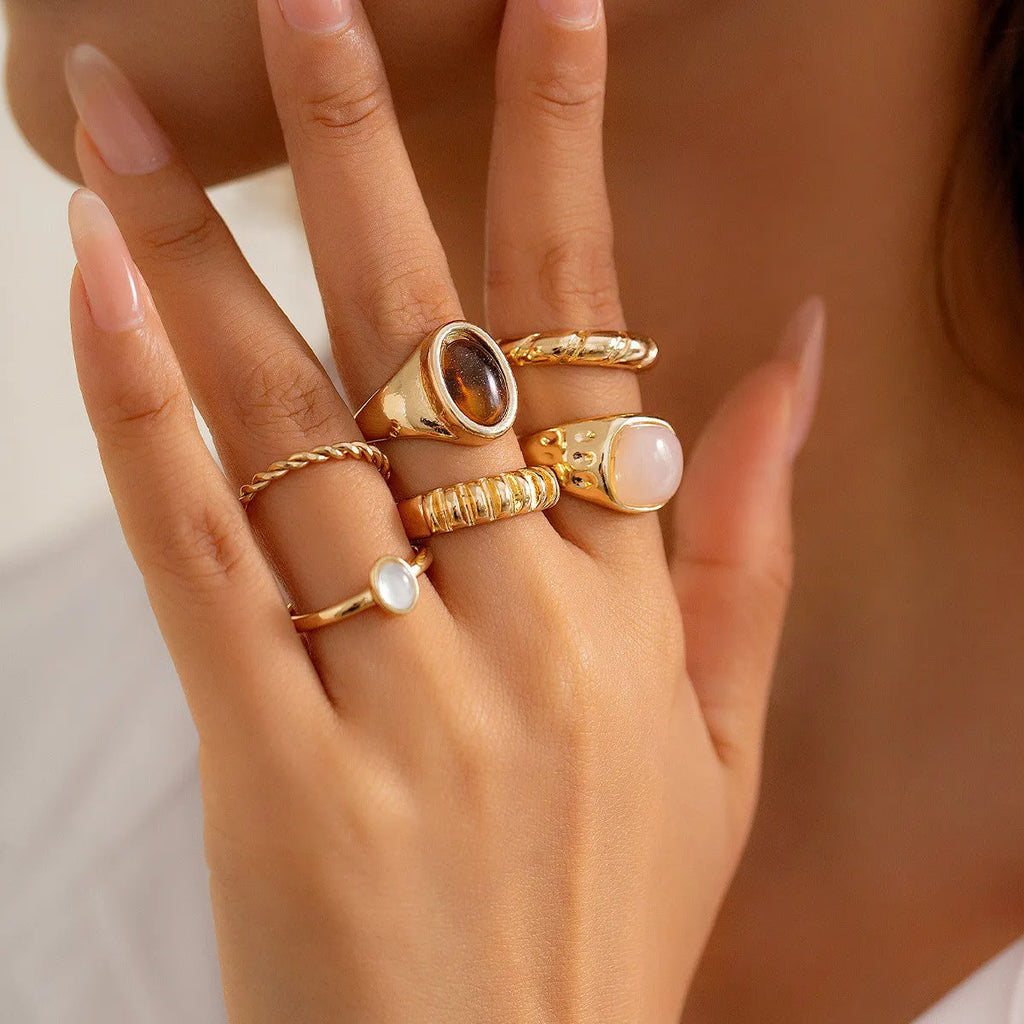 Light gold geometric ring set with six irregular alloy rings electroplated finish