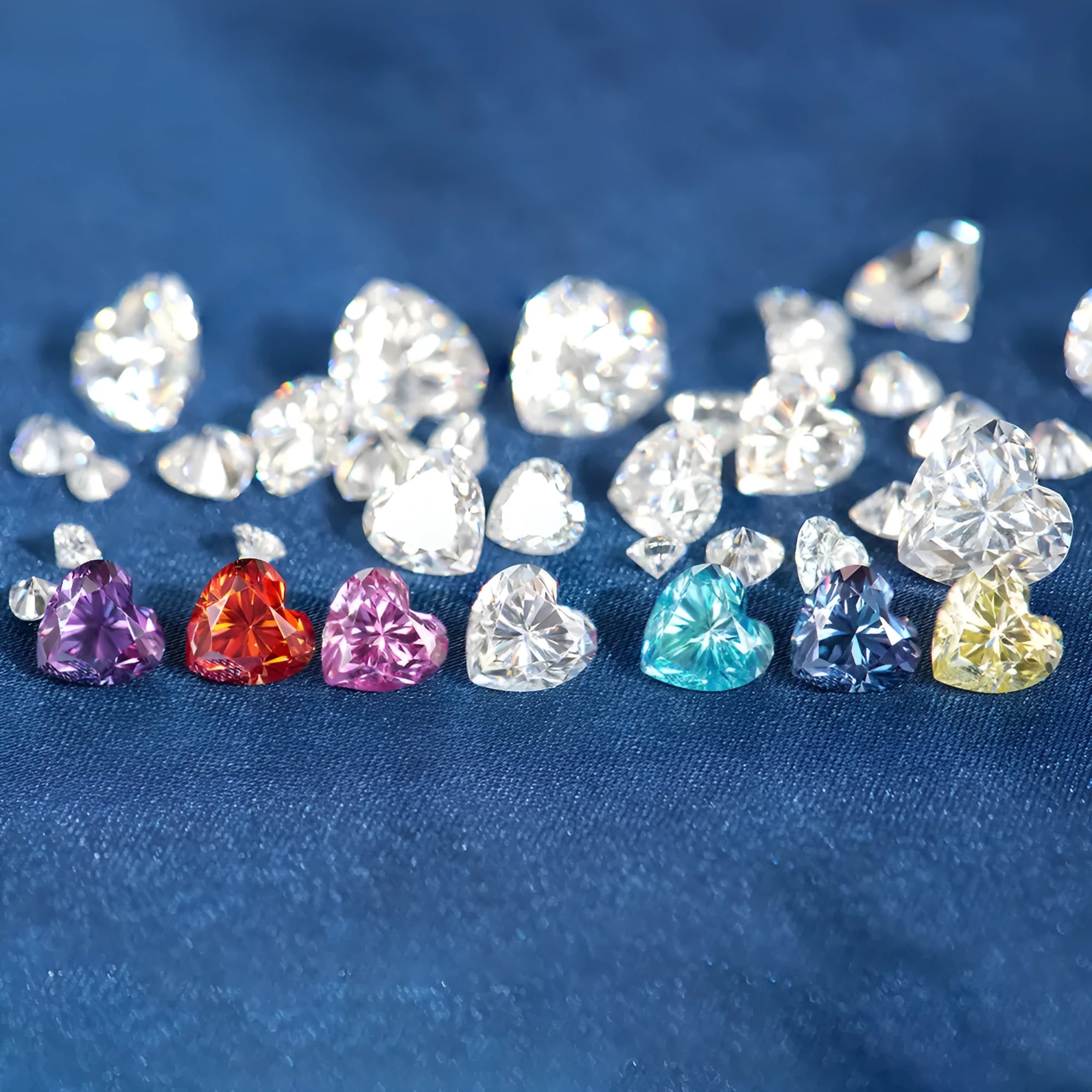 Loose heart shaped moissanite stone in lemon yellow and sapphire blue various sizes