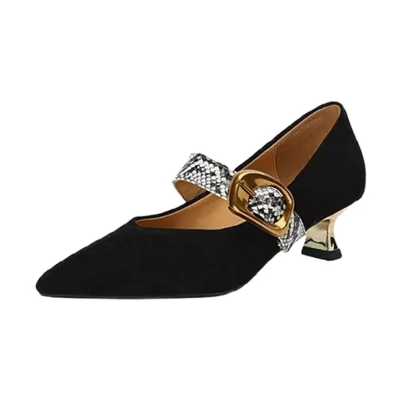 Women's black French pointed stiletto heels with buckle fastening and 3-5cm heel