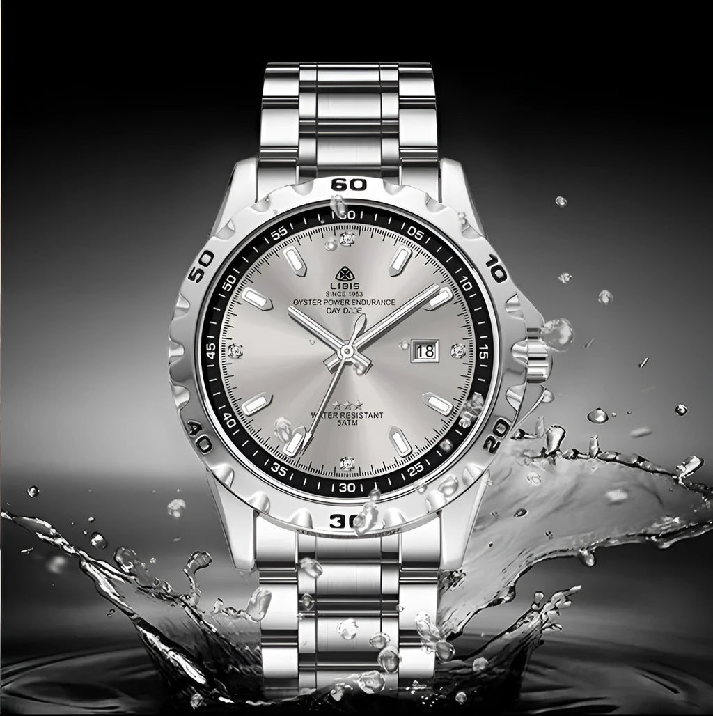 Men's silver case quartz watch with luminous hands and stainless steel strap