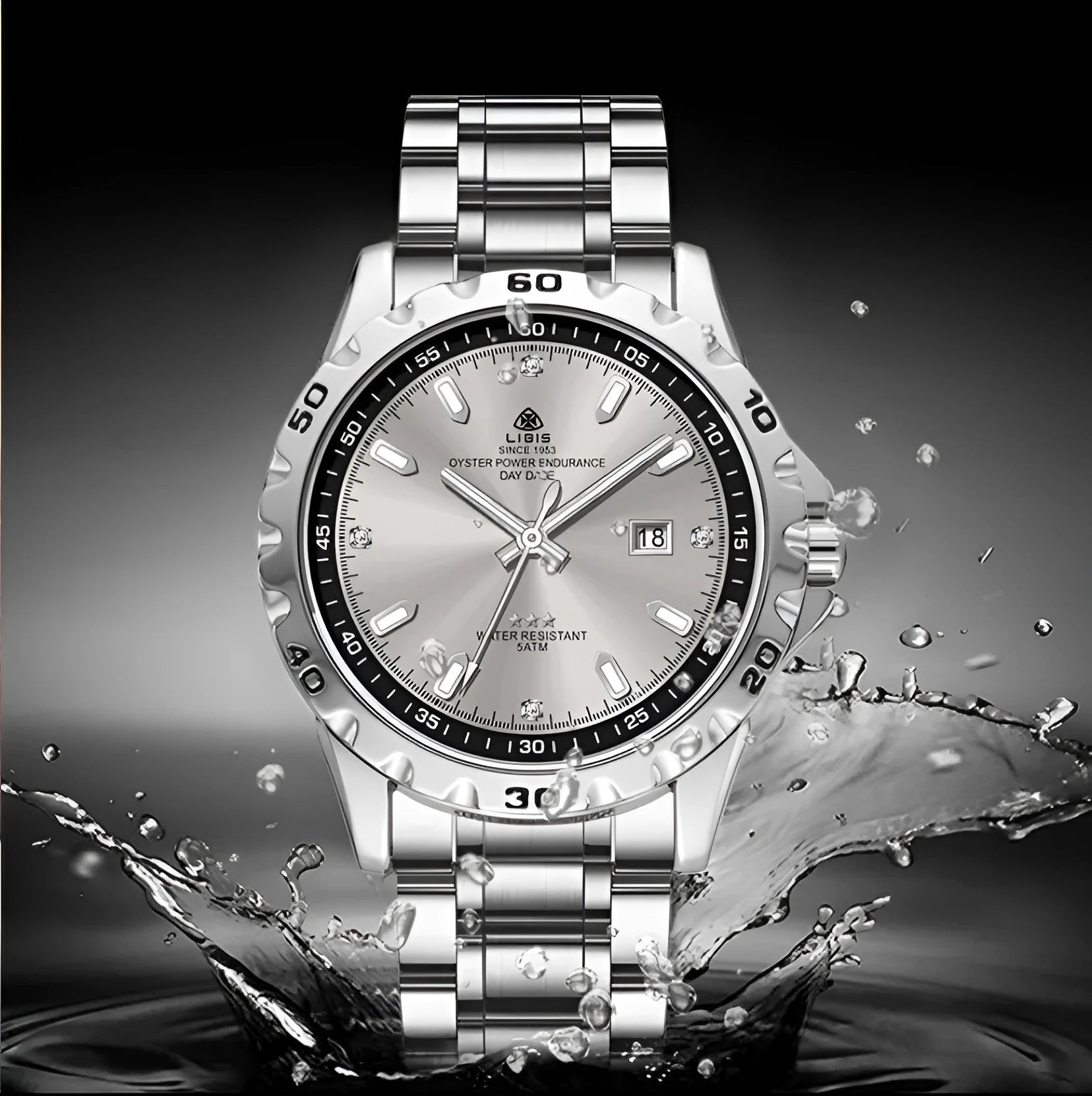 Men's silver case quartz watch with luminous hands and stainless steel strap