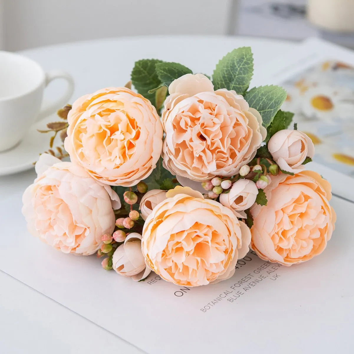 Silk artificial peony flower bouquet in multiple colour options including champagne and sand red.