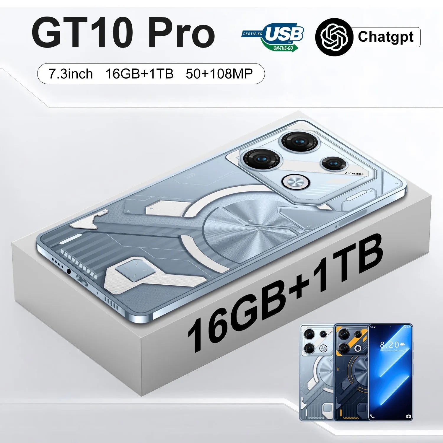 GT10 Pro Android smartphone in Blue or Silver with straight plate design and 4000mAh battery