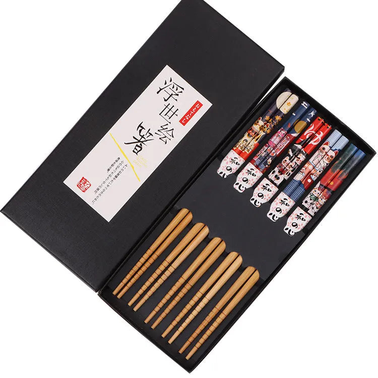 Japanese bamboo chopsticks set with five-colour lucky cat pattern and gift box packaging