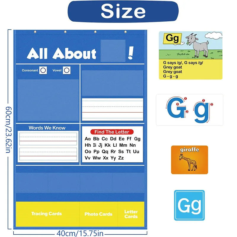 Large blue alphabet learning chart mat with word cards, letter cards, and picture cards for children's education