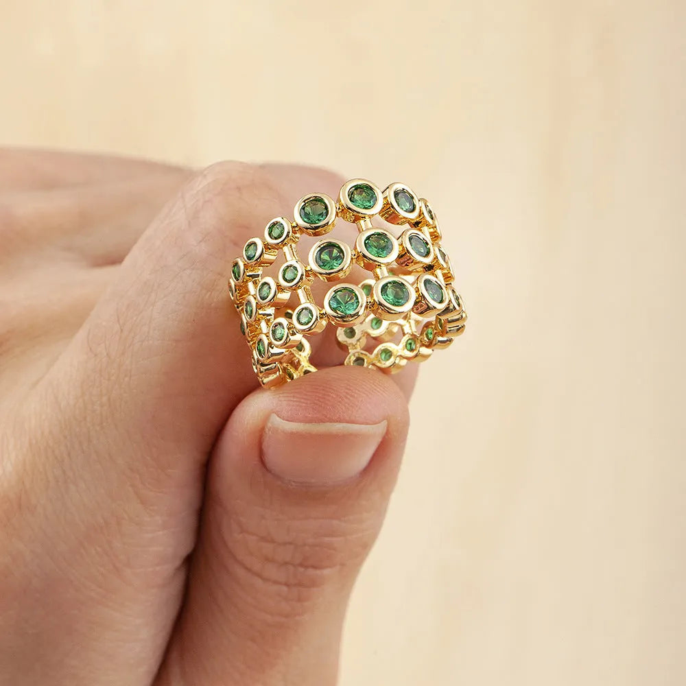 Copper 18K gold plated ring with three-layer green zircon setting in wide band design