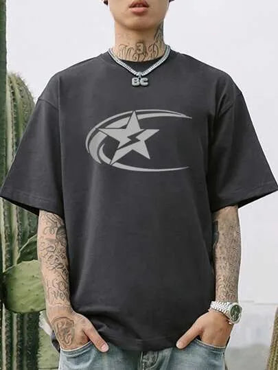 Men's pure cotton Japanese retro style T-shirt in dark grey, short sleeve casual design