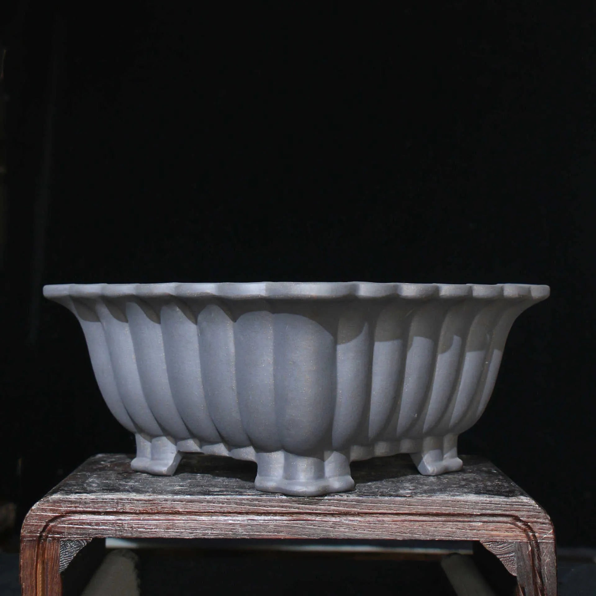 Square purple sand ceramic bonsai pot with classical styling for desktop plants, measuring 37x15cm