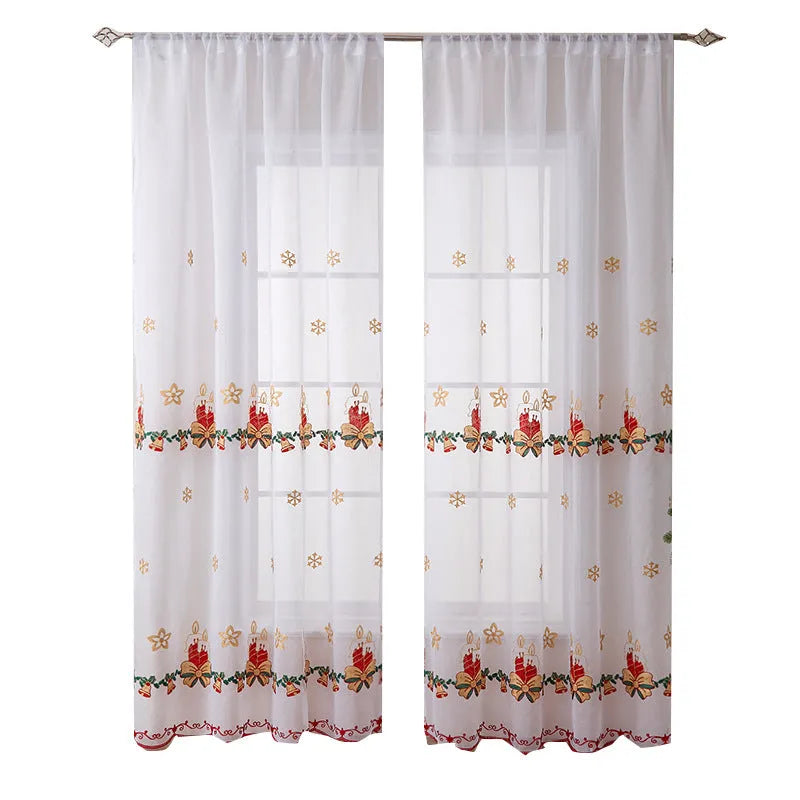 Christmas curtains with white snowflake embroidery on red polyester fabric hanging in window