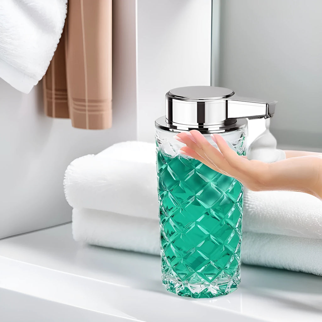 Automatic soap dispenser with silver finish and USB Type-C charging port