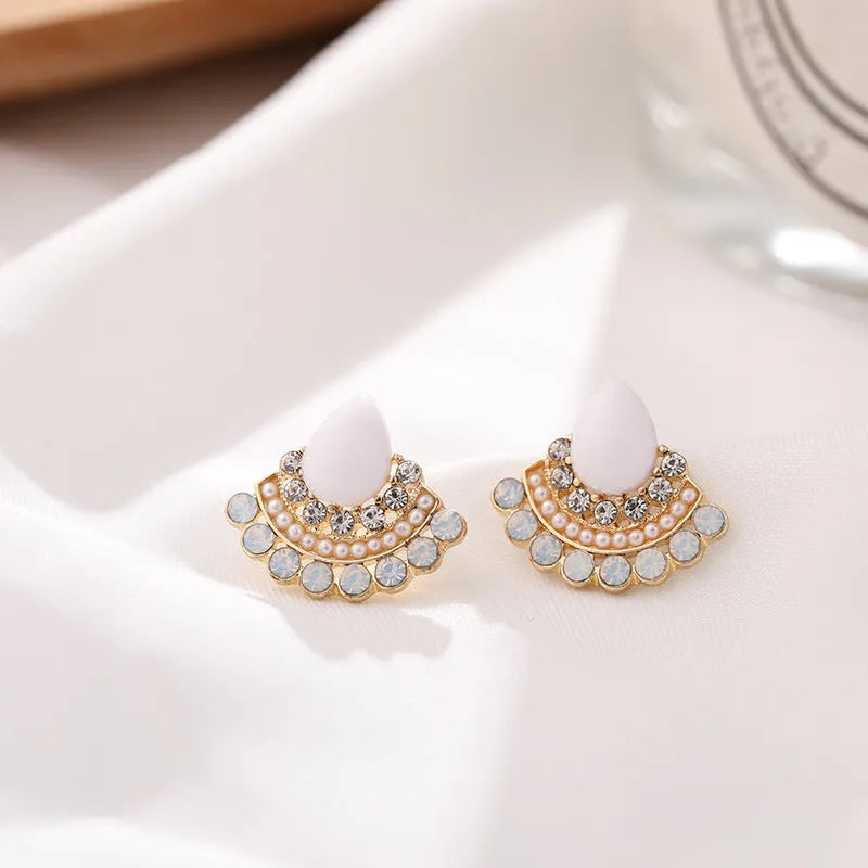Women's sterling silver fan-shaped geometric earrings with rhinestone and opal decorative detailing