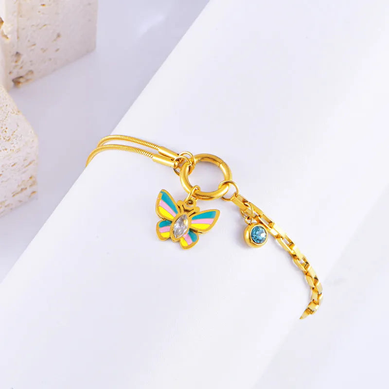 Gold titanium steel butterfly necklace and bracelet set with snake bone chain