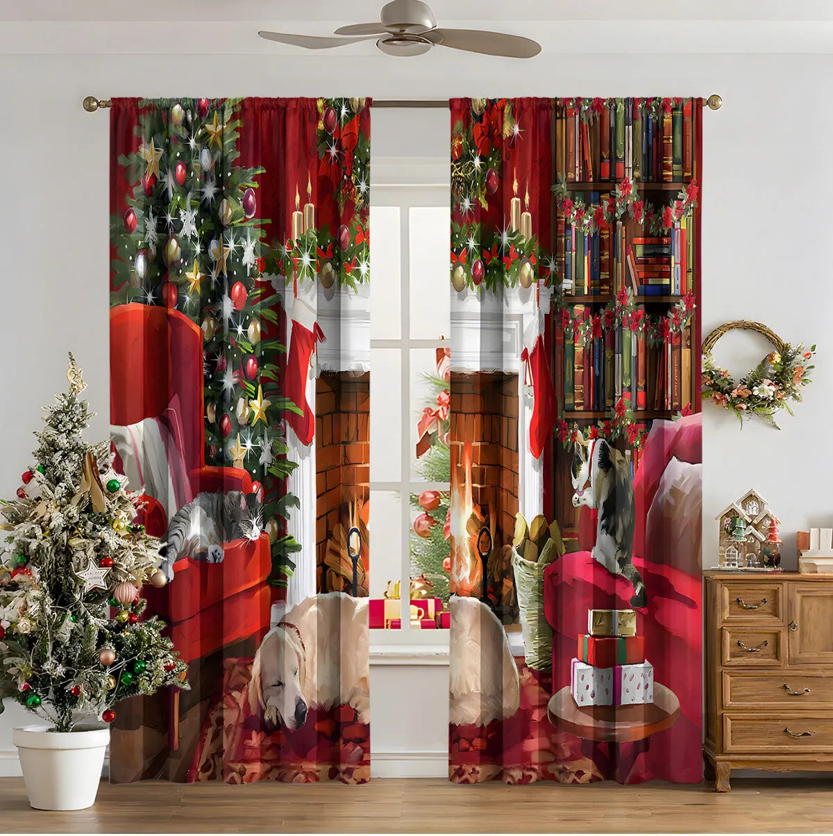 3D digital printed Christmas curtains in polyester fabric with festive patterns