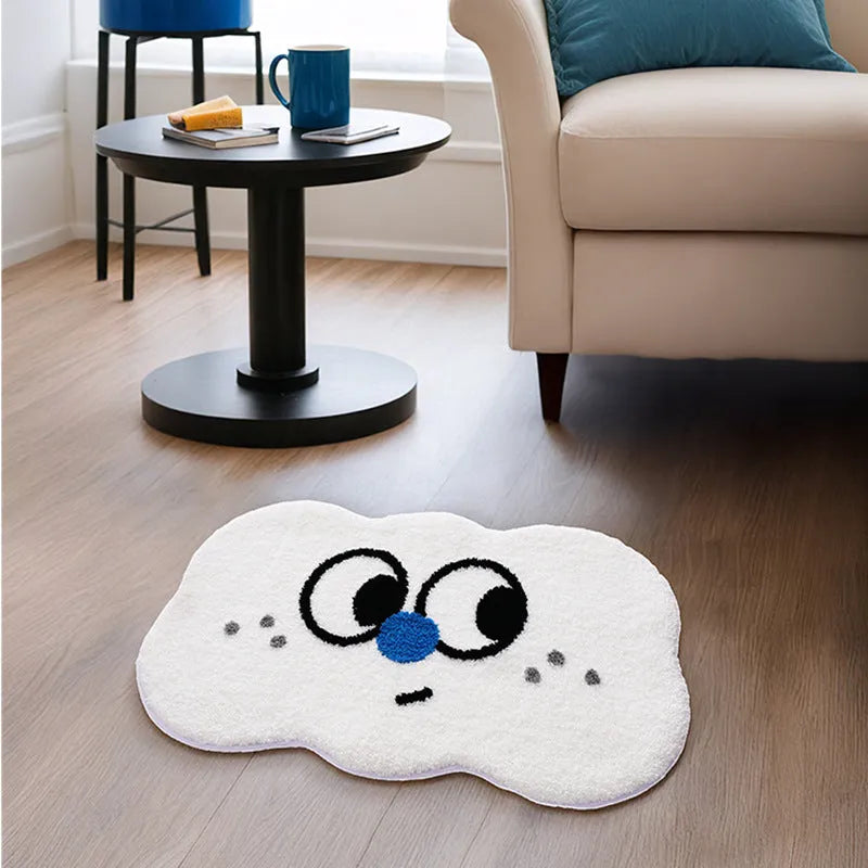 Thickened cashmere-like bathroom mat with cartoon cloud pattern in green, black, white, pink, and blue colours